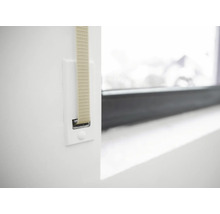 Gurtführung für Rollladengurt in Weiß mit eingefädeltem Gurtband neben einem Fenster.