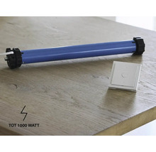 Rohrmotor mit Wandschalter für Rollläden auf einer Holzoberfläche, Leistung bis zu 1000 Watt.