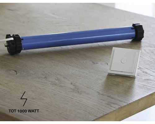 Rohrmotor mit Wandschalter für Rollläden auf einer Holzoberfläche, Leistung bis zu 1000 Watt.