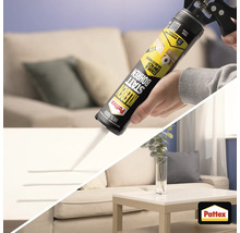 Anwendung von Pattex Kleben statt Bohren Montagekleber mit einer Kartuschenpistole auf einer hellen Oberfläche im Wohnzimmer.