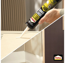Anwendung von Pattex Kleben statt Bohren Montagekleber auf einer Holzplatte.