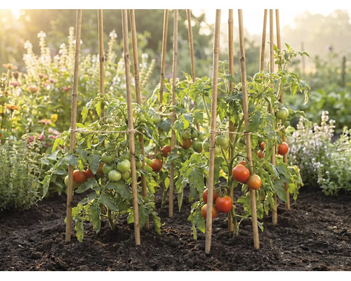 Tomatenpflanzen mit reifenden Früchten, gestützt durch Bambusstäbe in einem sonnigen Gemüsegarten mit dunkler Erde.