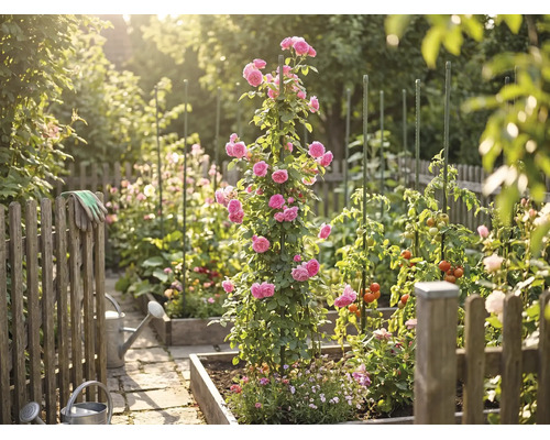 Heller Gemüsegarten mit Hochbeeten aus Holz, einer Kletterrose an einem Pflanzstab, Tomatenpflanzen, Gießkannen und einem Holzzaun.