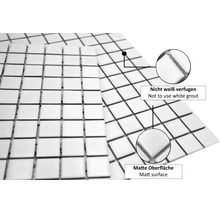 Quadratisches Mosaik mit matter Oberfläche und dem Hinweis, nicht weiß zu verfugen.
