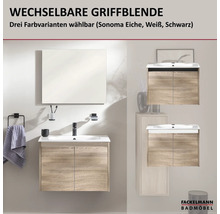 Fackelmann Waschbeckenunterschrank in Sonoma Eiche Optik mit wechselbaren Griffblenden in drei Farben und großem Spiegel im Badezimmer.