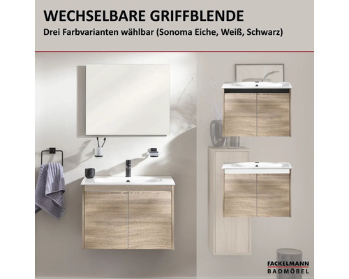 Fackelmann Waschbeckenunterschrank in Sonoma Eiche Optik mit wechselbaren Griffblenden in drei Farben und großem Spiegel im Badezimmer.