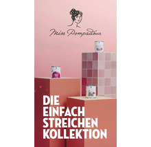 Miss Pompadour Logo und drei Farbdosen der Kollektion Die Einfach Streichen für Lack, Grundierung und Versiegelung auf verschiedenen Podesten.