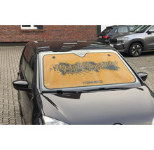 Auto-Sonnenschutz für die Windschutzscheibe mit YippieJajaYippieYippieYeah Slogan und Hornbach Logo.