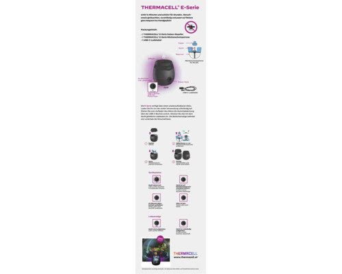 Infografik zum Thermacell E-Serie Gelsen-Repeller mit Details zu Komponenten, Bedienung, LED-Statusanzeigen und 29 Quadratmeter Wirkungsbereich.