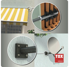Anwendungsbeispiele für TOX Schwerlastbefestigungen wie Markisen und Satellitenschüsseln an einer Hauswand mit Lochziegelmauerwerk.