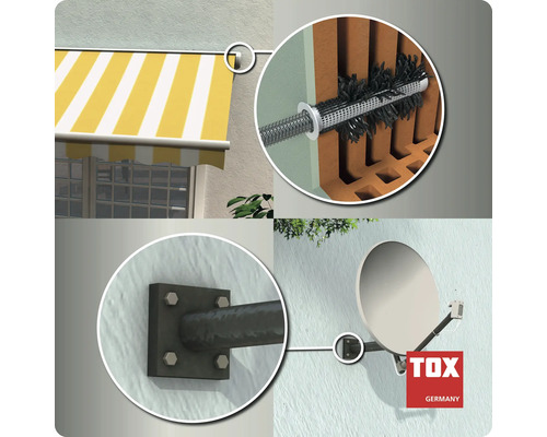 Anwendungsbeispiele für TOX Schwerlastbefestigungen wie Markisen und Satellitenschüsseln an einer Hauswand mit Lochziegelmauerwerk.