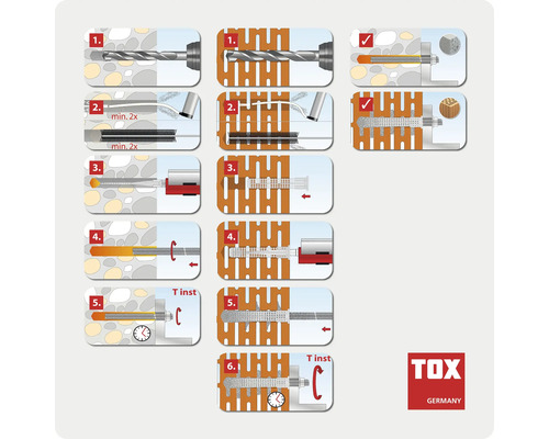 Montageanleitung für TOX Verbundmörtel-Anker in Beton und Lochstein. Schritte zum Bohren, Reinigen, Befüllen und Einsetzen der Gewindestange.