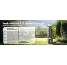 Aiper IrriSense 2 intelligentes 4-in-1 Bewässerungssystem auf einem Rasen, kombiniert Steuergerät, Sprinkler, Ventil und Nährstoffspender mit 360 Grad.