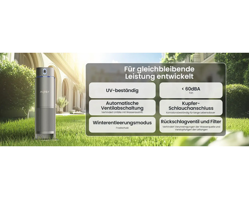 Aiper Gerät auf Rasenfläche mit Merkmalen: UV-beständig, geräuscharm, automatische Ventilabschaltung, Kupferanschluss, Wintermodus und Filter.