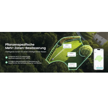 Intelligente Mehr-Zonen-Gartenbewässerung mit App-Steuerung auf einem Smartphone und schematischer Darstellung der Bewässerungsbereiche.