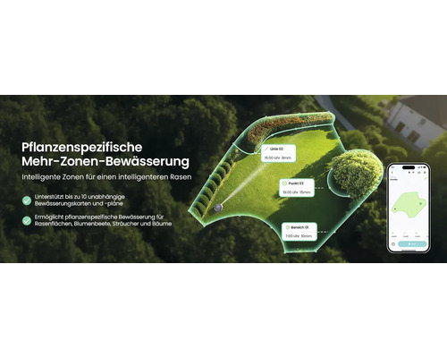 Intelligente Mehr-Zonen-Gartenbewässerung mit App-Steuerung auf einem Smartphone und schematischer Darstellung der Bewässerungsbereiche.