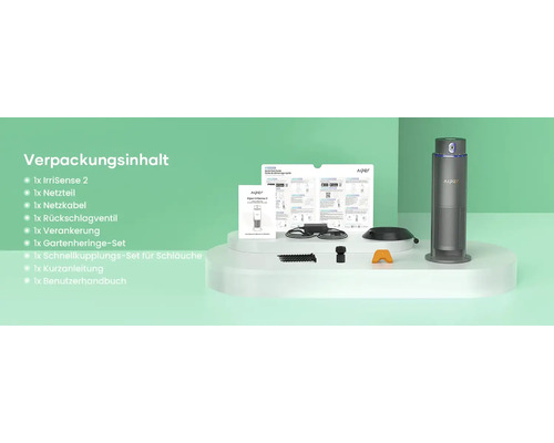 Aiper IrriSense 2 Verpackungsinhalt: Gerät, Netzteil, Kabel, Rückschlagventil, Verankerung, Gartenheringe, Schlauchkupplungen und Anleitungen.