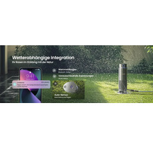 Intelligentes Bewässerungssystem mit Smartphone-App-Benachrichtigung bei Regen, Regensensor und Steuergerät im Garten.