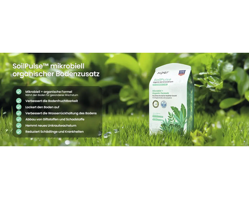 Aiper SoilPulse mikrobiell organischer Bodenzusatz auf Rasen. Nährt den Boden. Aiper Logo. Hergestellt in den Vereinigten Staaten.