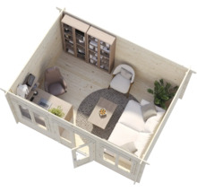 Einblick in ein helles Gartenhaus aus Holz, eingerichtet als Büro und Wohnzimmer mit Sofa, Schreibtisch und Bücherregal.