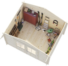 Innenansicht eines Gartenhauses aus hellem Holz, bestückt mit Werkzeugen, Skiern, einer Leiter und diversen Gartenutensilien.