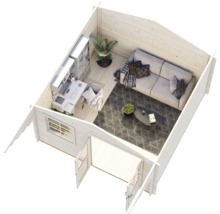 Draufsicht auf den Innenraum eines hellen Gartenhauses aus Holz mit Büro- und Wohnbereich inklusive Sofa, Schreibtisch und gemustertem Teppich.