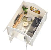 Draufsicht auf einen hellen Innenraum eines Gartenhauses aus Holz mit grauem Sofa, Couchtisch, Pflanze und Holzmöbeln.