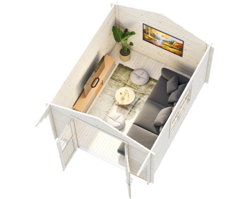 Modern eingerichtetes Gartenhaus aus hellem Holz mit Sofa, Couchtisch, TV-Lowboard und Teppich in einer hellen und organisierten Atmosphäre.