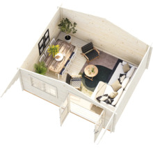 Innenansicht eines hellen Gartenhauses aus Holz mit Essbereich, Sofa, Sesseln und moderner Einrichtung.