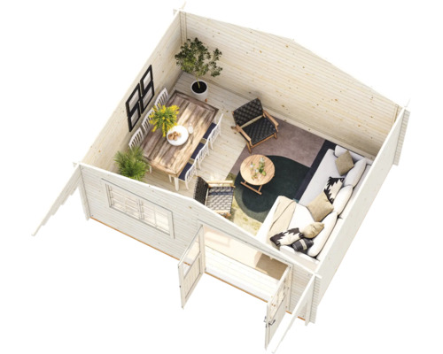 Innenansicht eines hellen Gartenhauses aus Holz mit Essbereich, Sofa, Sesseln und moderner Einrichtung.