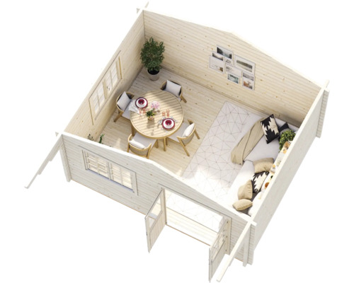 Draufsicht auf den hellen Innenraum eines Gartenhauses aus Holz mit Essbereich, Sofa, Fenstern und Doppeltür.