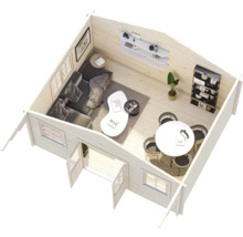 Draufsicht in ein helles, modernes Gartenhaus aus Holz mit Ecksofa, Couchtisch, runder Essgruppe, Wandregalen und Pflanzen.