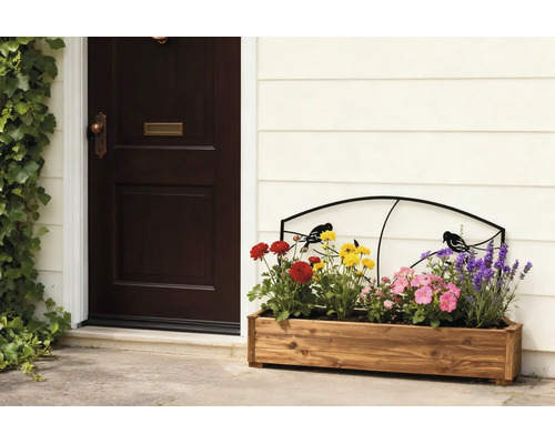 Pflanzkasten aus Holz mit bunten Blumen und einem schwarzen Metallspalier mit Vogelmotiv vor einer hellen Wand neben einer dunklen Haustür.