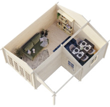 Innenansicht eines zweigeteilten Gartenhauses aus hellem Holz mit Wohnbereich, Esszimmer und einer überdachten Veranda.