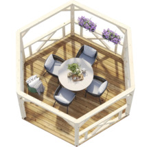 Sechseckiger Gartenpavillon aus Holz mit Sitzgruppe, rundem Tisch, vier Gartenstühlen mit Polstern und Blumenkästen am Geländer.