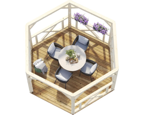 Sechseckiger Gartenpavillon aus Holz mit Sitzgruppe, rundem Tisch, vier Gartenstühlen mit Polstern und Blumenkästen am Geländer.