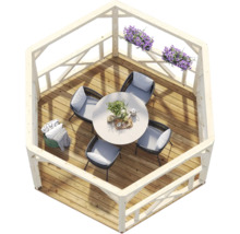 Vogelperspektive auf einen sechseckigen Holzpavillon mit rundem weißem Tisch und vier grauen Stühlen auf Holzdielen, dekoriert mit lila Blumen.