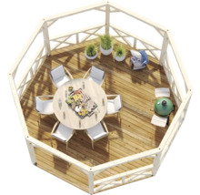 Achteckiger Gartenpavillon aus Holz mit runder Sitzgruppe, Grill und Pflanzen auf einer Holzterrasse.