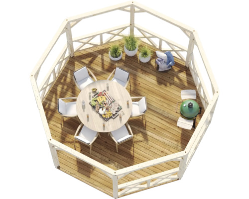 Achteckiger Gartenpavillon aus Holz mit runder Sitzgruppe, Grill und Pflanzen auf einer Holzterrasse.