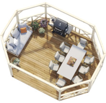 Draufsicht auf einen hellen Holzpavillon mit Loungesofa, Esstischgruppe, Gasgrill und Pflanzen auf einem Holzboden.