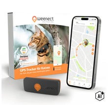 Weenect XS GPS-Tracker für Katzen mit Ortungsgerät, Produktverpackung und Smartphone-App zur Live-Ortung. (Image AI modified or generated)