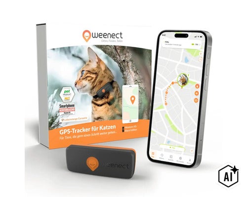 Weenect XS GPS-Tracker für Katzen mit Ortungsgerät, Produktverpackung und Smartphone-App zur Live-Ortung. (Image AI modified or generated)