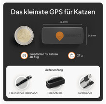 Weenect GPS-Tracker für Katzen mit Abmessungen, empfohlen ab drei Kilogramm, Lieferumfang mit Halsband, Silikonhülle und Ladekabel.