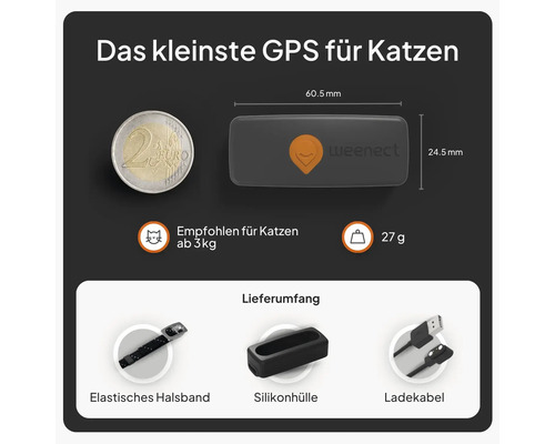 Weenect GPS-Tracker für Katzen mit Abmessungen, empfohlen ab drei Kilogramm, Lieferumfang mit Halsband, Silikonhülle und Ladekabel.