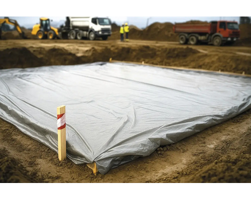 Graue Baufolie flach auf dem Erdboden einer Baustelle ausgelegt mit Baustellenfahrzeugen im Hintergrund.