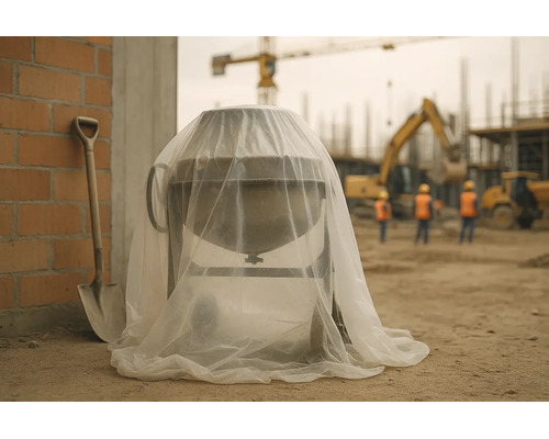 Betonmischer auf einer Baustelle, abgedeckt mit einer transparenten Schutzplane, neben einer Schaufel und einer Ziegelwand.