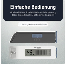 Ansmann Batterietester mit Schiebeschalter zur Spannungseinstellung und digitaler LCD Anzeige für den Batteriestatus.
