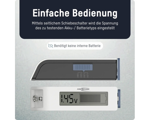 Ansmann Batterietester mit Schiebeschalter zur Spannungseinstellung und digitaler LCD Anzeige für den Batteriestatus.