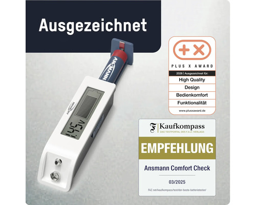 Ansmann Batterieprüfer Comfort Check mit Digitalanzeige inklusive Plus X Award und Kaufkompass Empfehlungssiegel