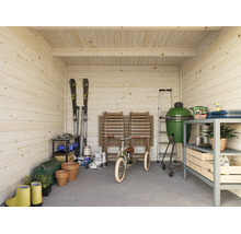 Innenansicht eines Gartenhauses aus hellem Holz, ausgestattet mit Regalen, Grill, Skiern, Kinderdreirad und Gartenutensilien.